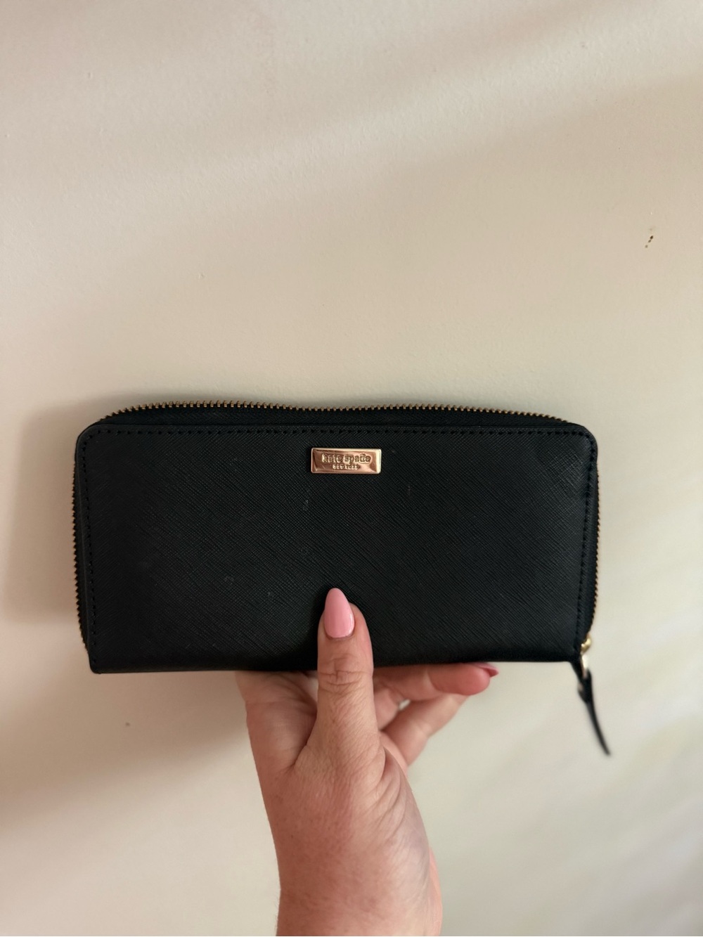 kate spade Black Zip-Around Continental Wallet with Gold Plaque